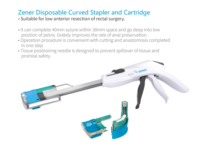 Zener Disposable Curved Stapler and Cartridge (ZCS45) with CE/ISO Certificate, for Colonic Surgery, Wholesale High Quality, Medical Surgical Instrument, Titaniu